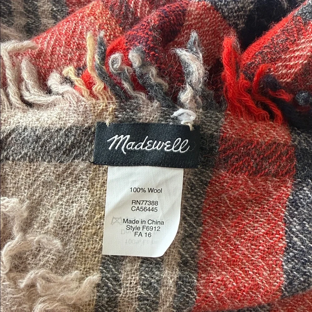 Madewell 100% Wool Scarf Red Blue and Tan